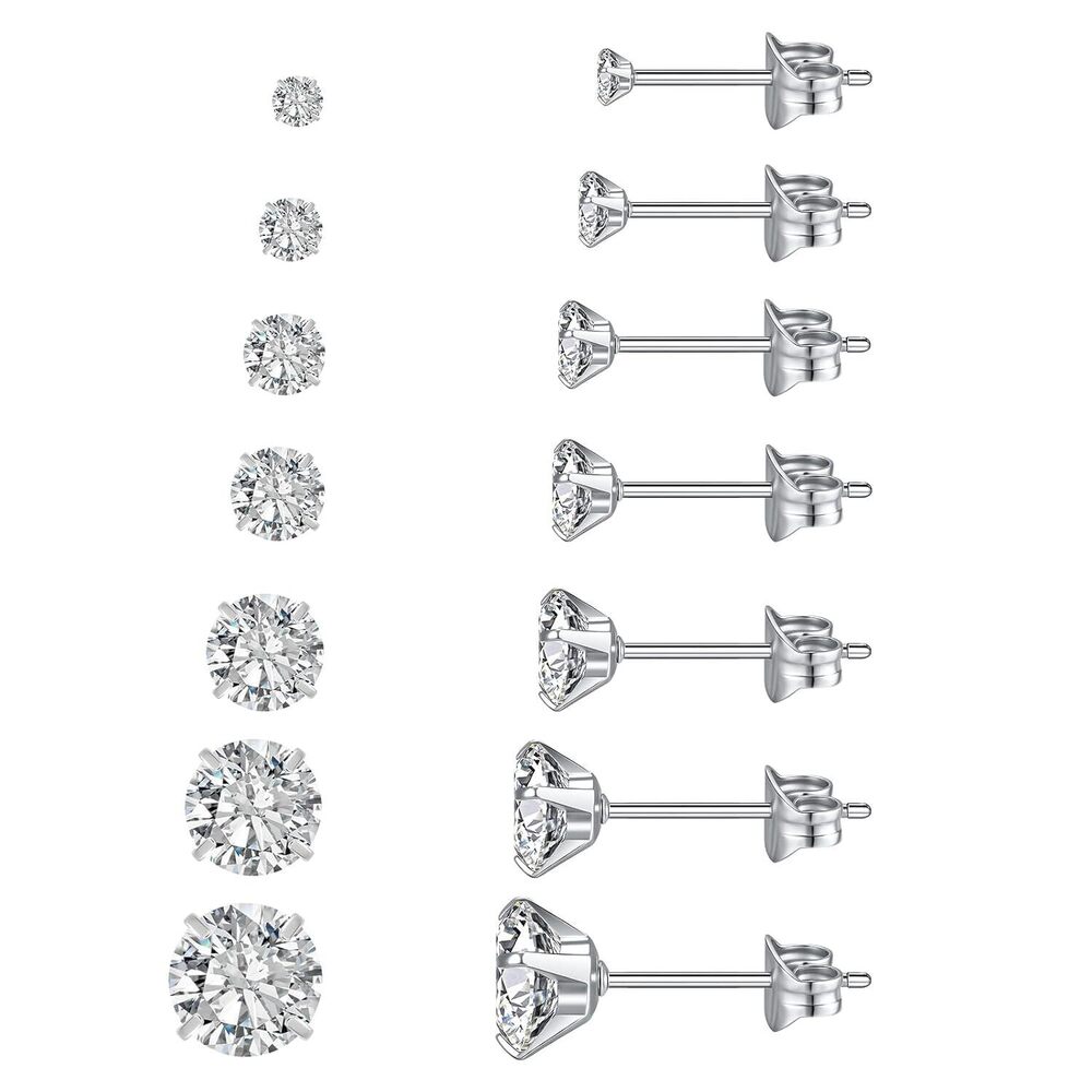 7 Pairs Silver Cubic Zirconia Stud Earrings for Women Trendy Stud Earrings Set